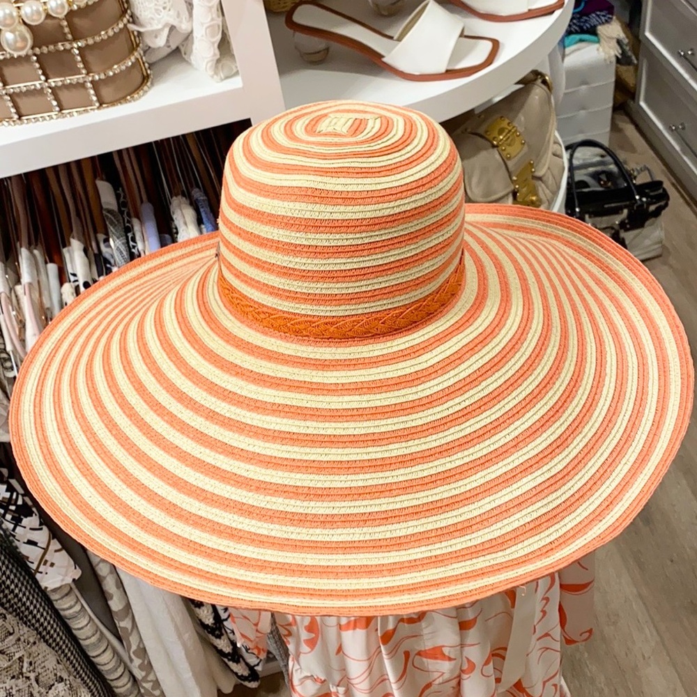 Striped Orange and Cream Wide Brim Hat - Picture 9 of 9